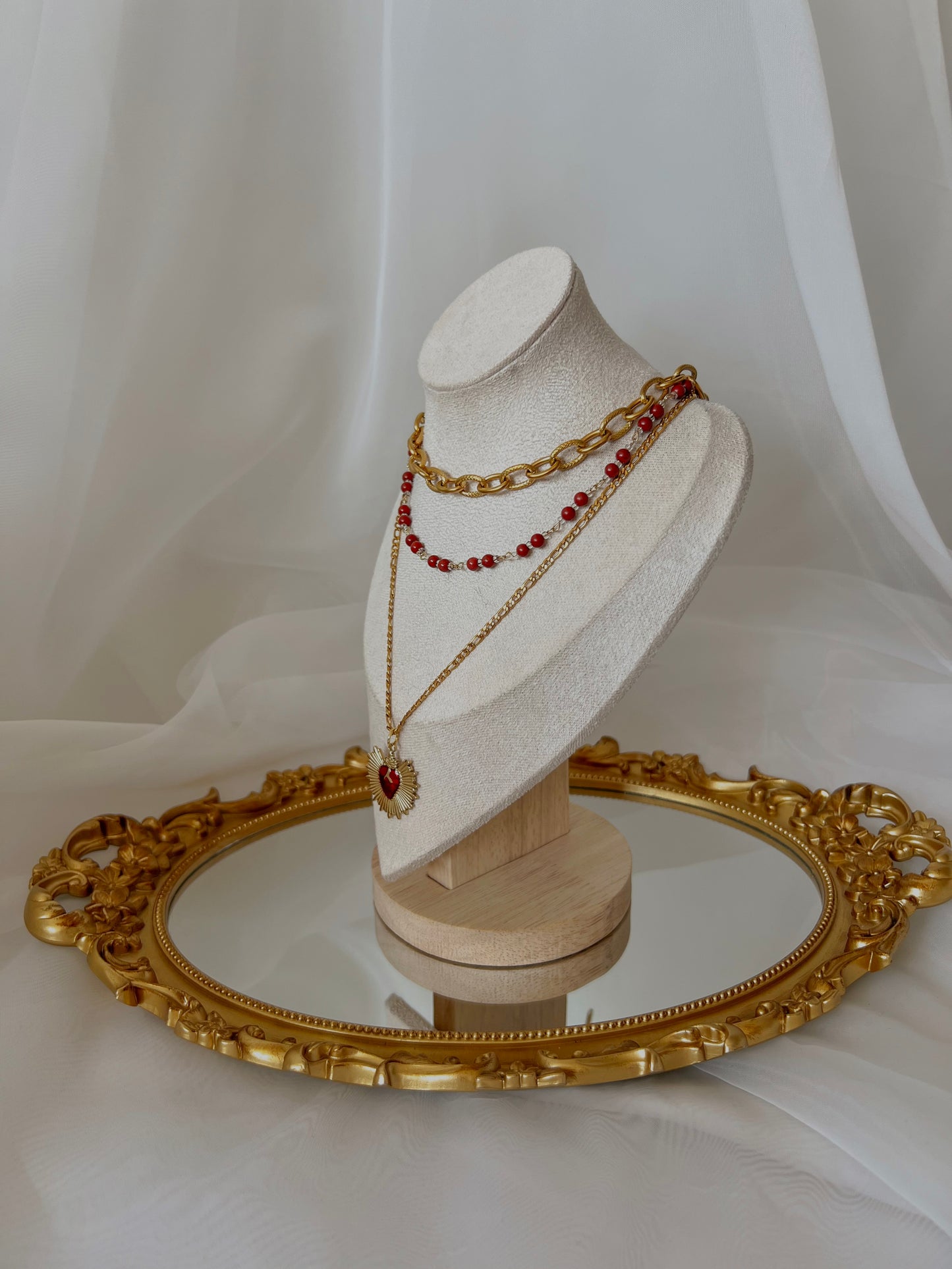 Acier inoxydable,Bijoux,Coeur,Collier,Doré,Jaspe,Rouge