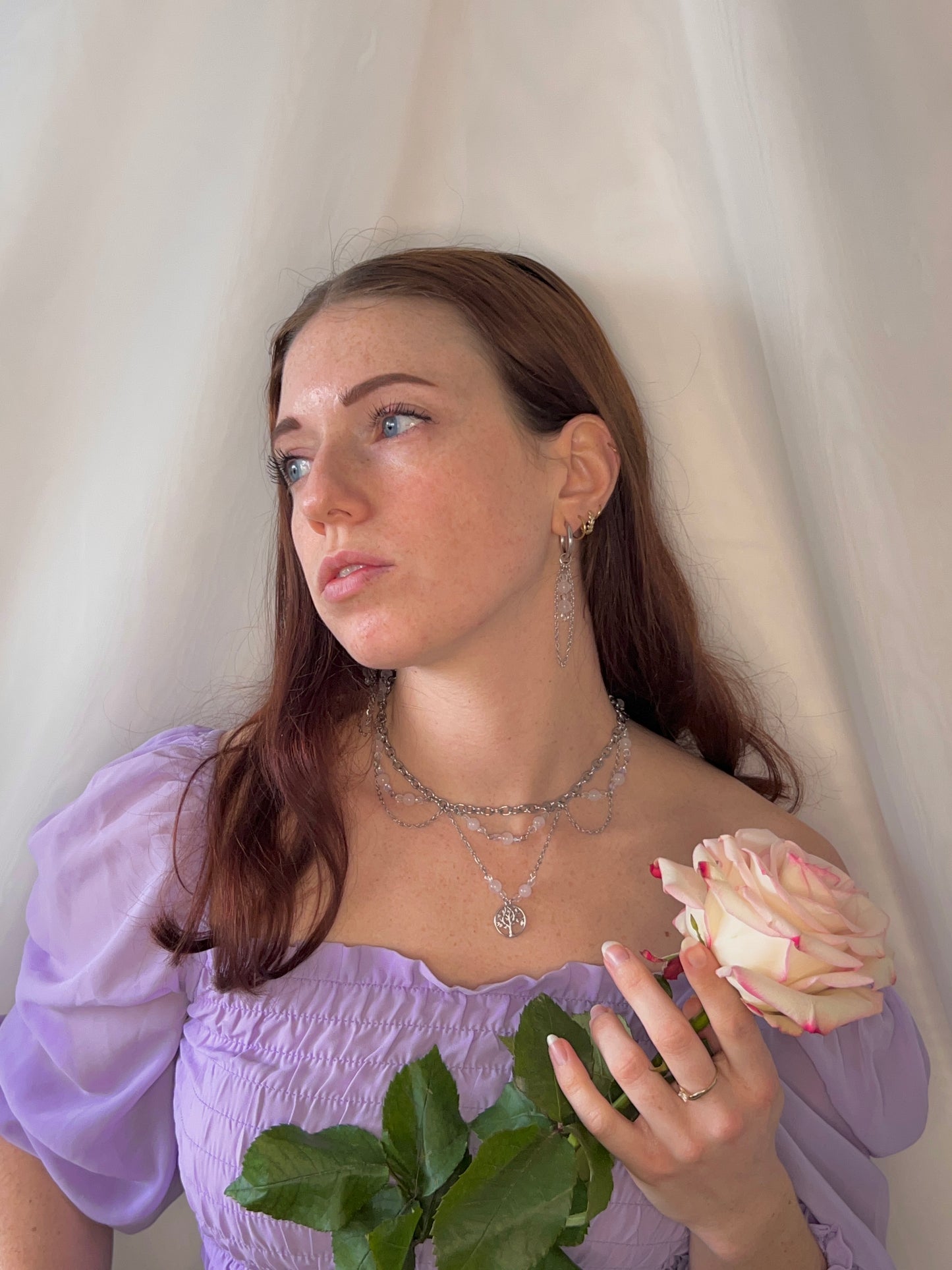 Acier inoxydable,Arbre de vie,Argenté,Bijoux,Collier,Fantasy,Quartz rose