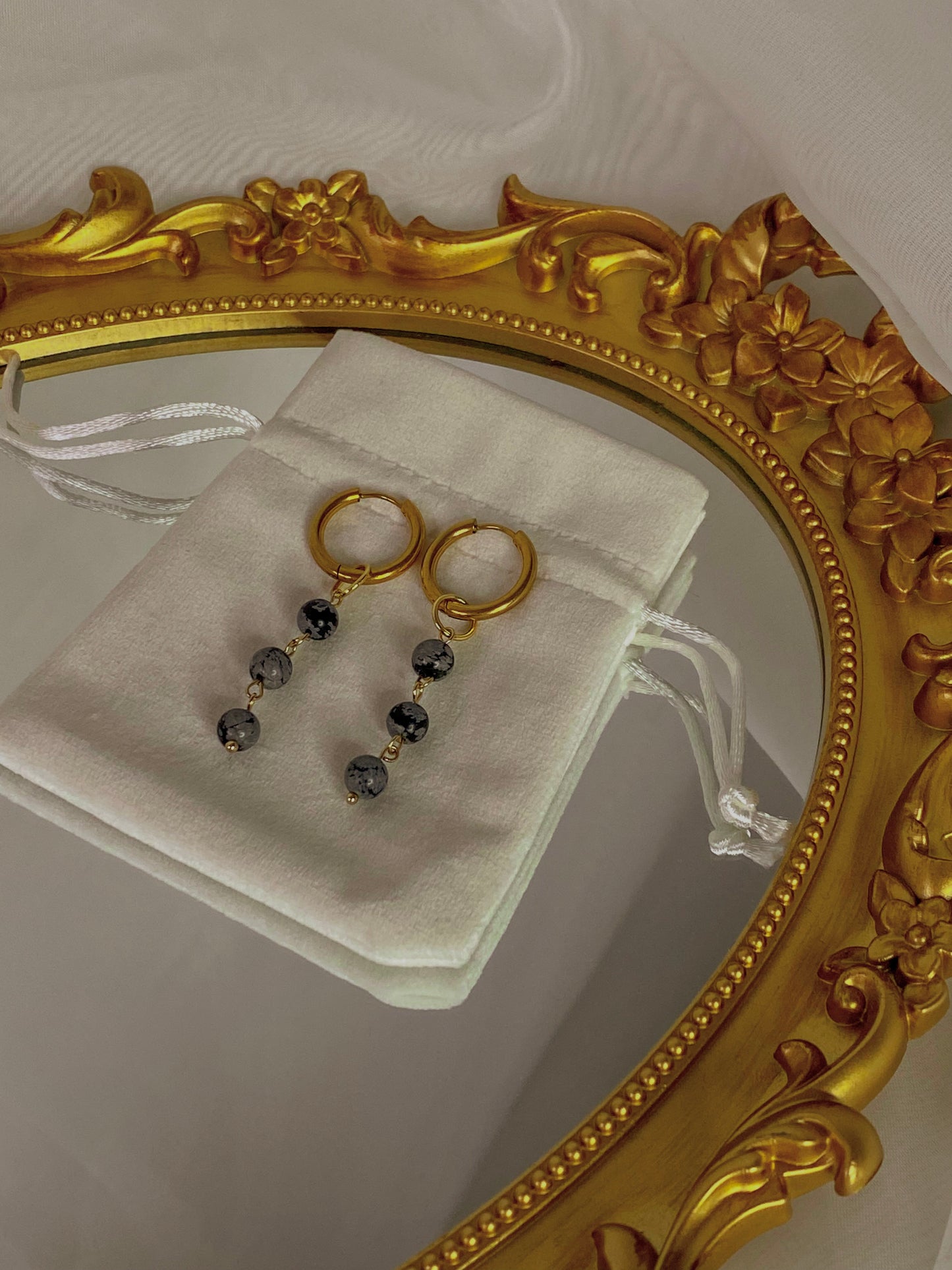 Acier inoxydable,Bijoux,Boucles d’oreilles,Doré,Interchangeable,Obsidienne neige,Pendants,Personnalisable