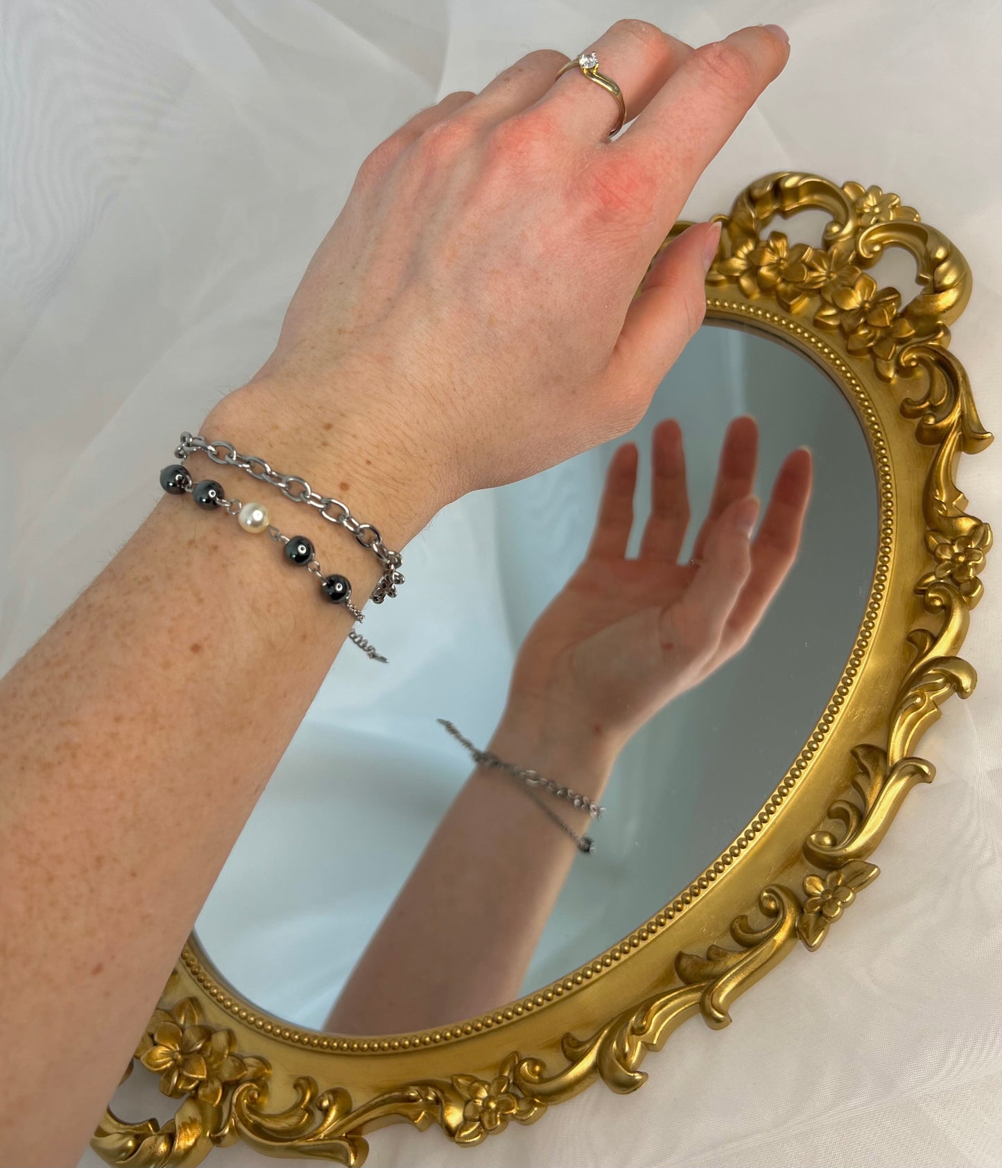 Acier inoxydable,Argenté,Bijoux,Bracelet,Chaine,Double,Hématite,Perle,Réglable