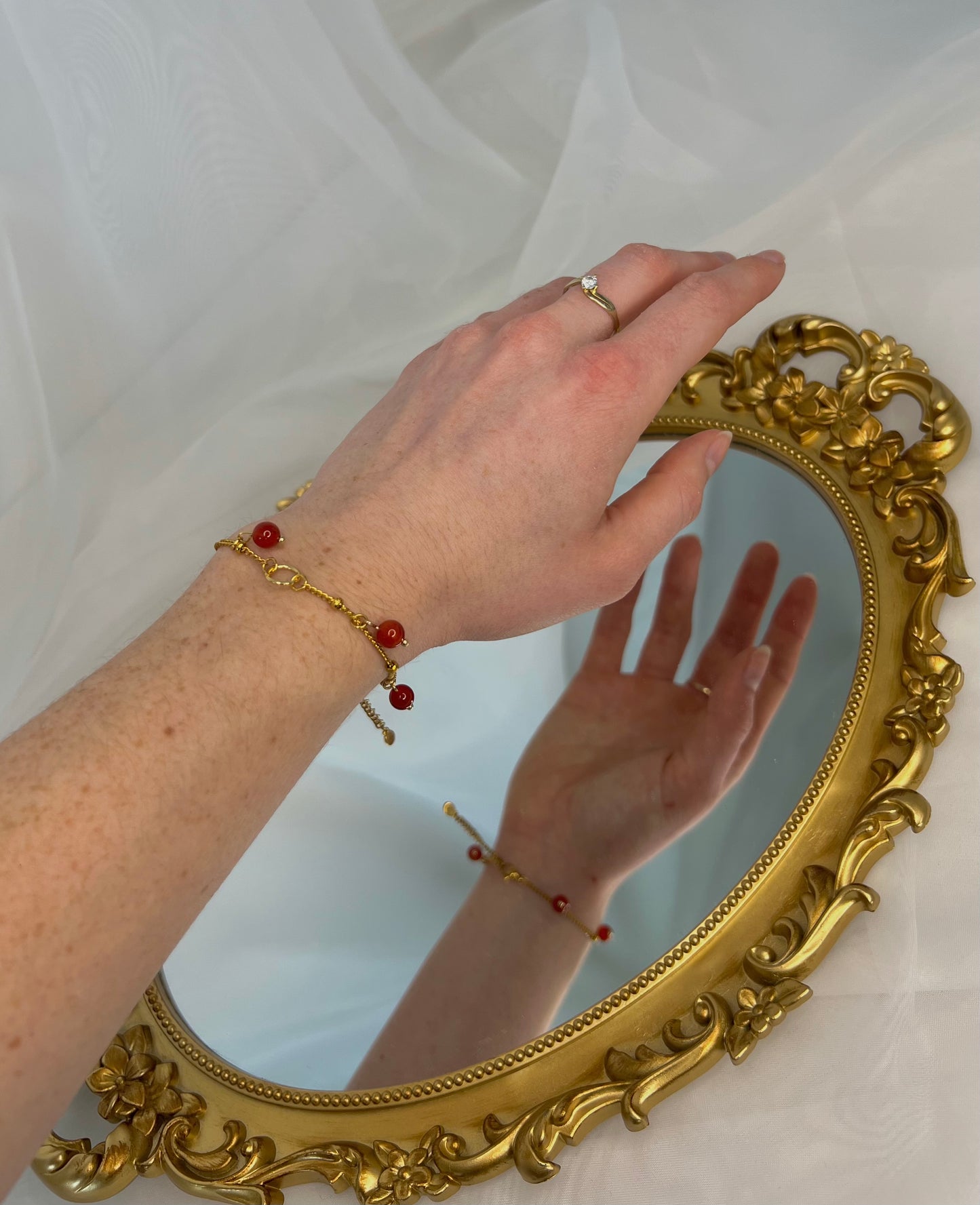 Acier inoxydable,Bijoux,Bracelet,Chaine fine,Cornaline,Doré,Rouge,Réglable