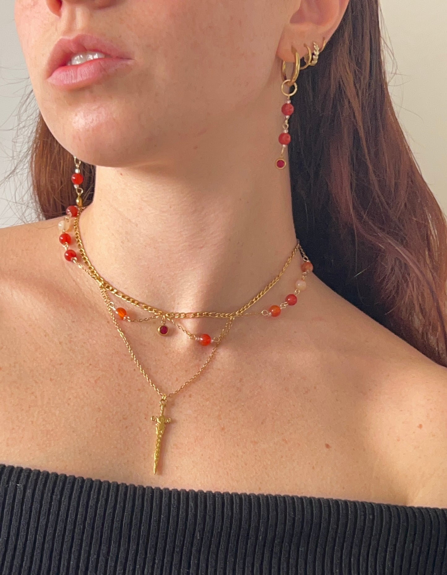 Acier inoxydable,Bijoux,Boucles d’oreilles,Cornaline,Doré,Rouge