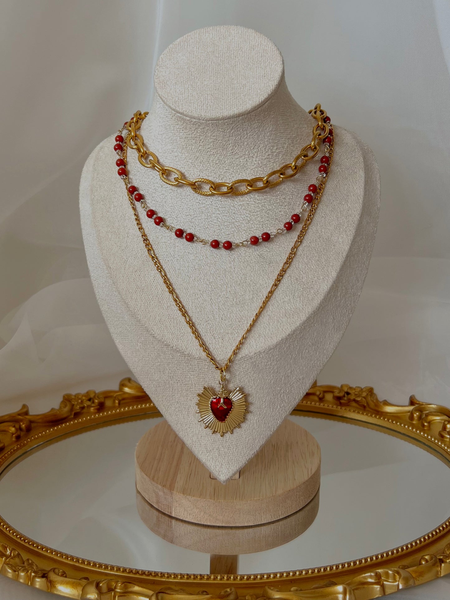 Acier inoxydable,Bijoux,Coeur,Collier,Doré,Jaspe,Rouge