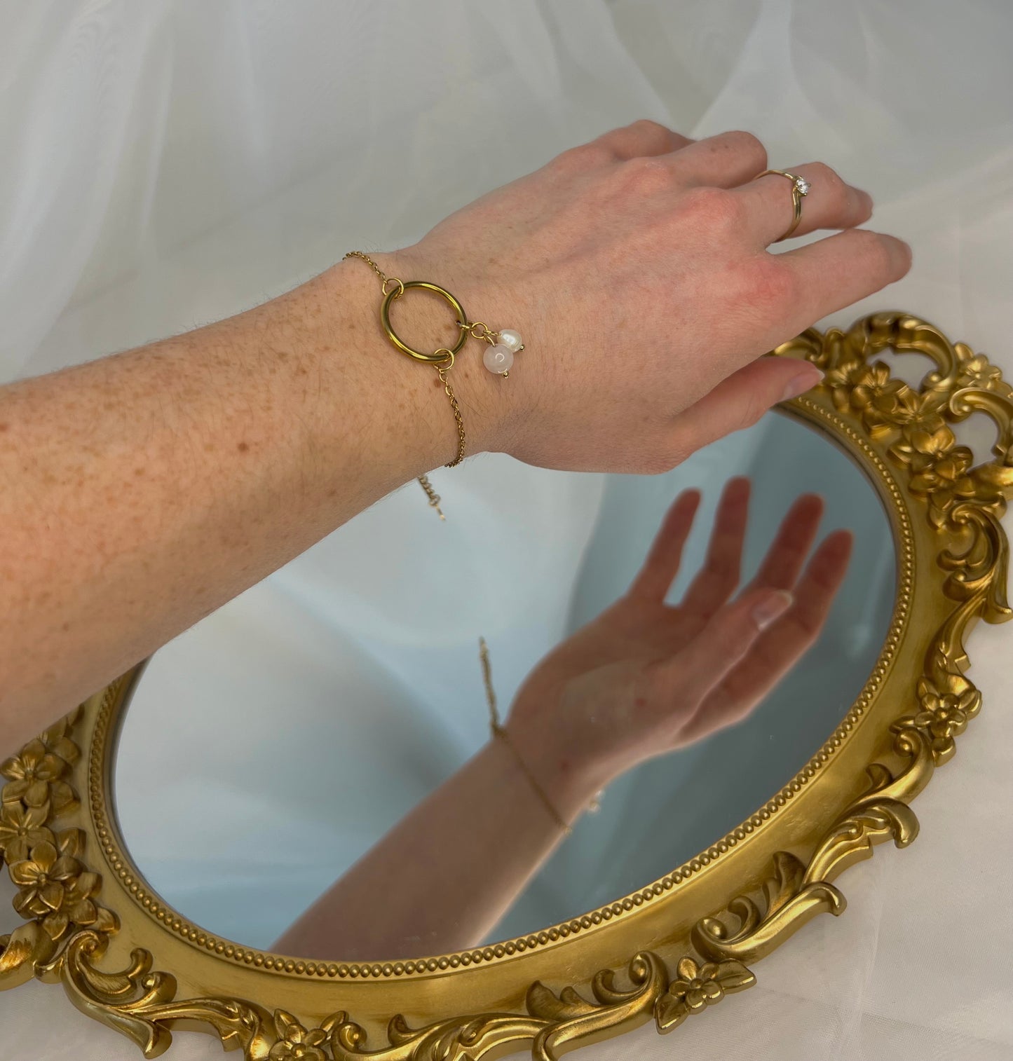 Acier inoxydable,Bijoux,Bracelet,Chaine fine,Doré,Perle,Quartz rose,Réglable