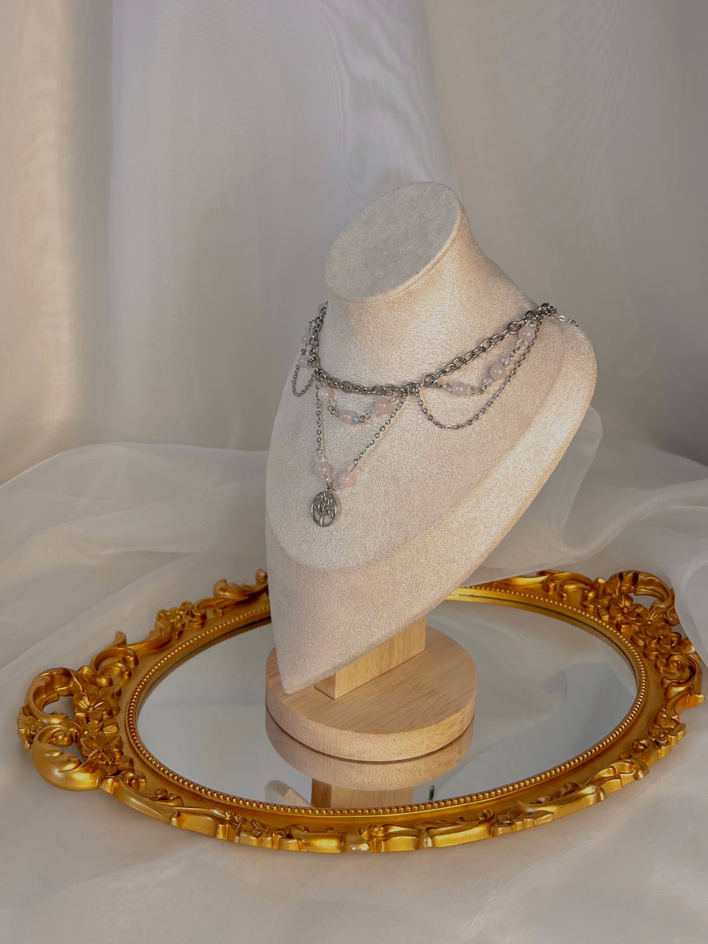 Acier inoxydable,Arbre de vie,Argenté,Bijoux,Collier,Fantasy,Quartz rose