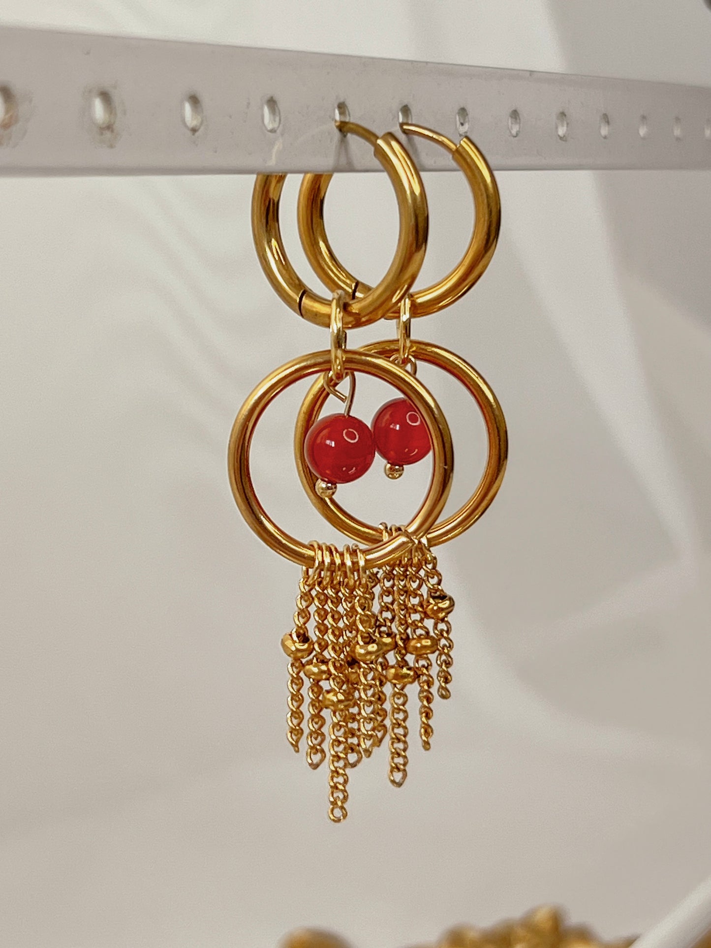 Acier inoxydable,Bijoux,Boucles d’oreilles,Chaine fine,Cornaline,Doré,Interchangeable,Pendants,Personnalisable,Rouge