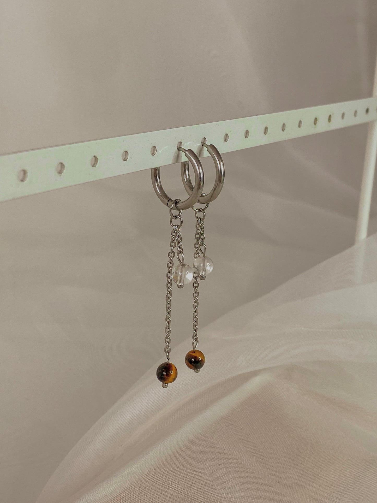Acier inoxydable,Argenté,Bijoux,Boucles d’oreilles,Cristal de roche,Interchangeable,Oeil de tigre,Pendants,Personnalisable
