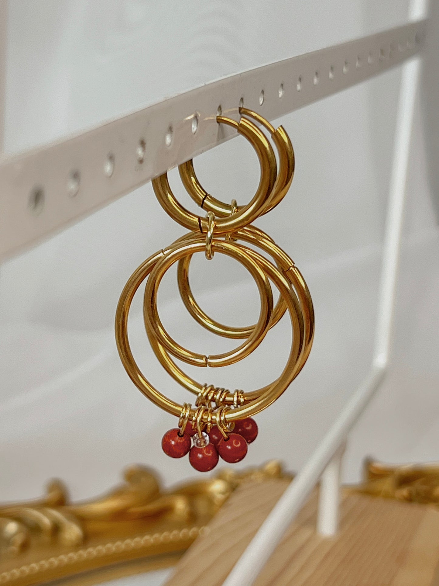 Acier inoxydable,Bijoux,Boucles d’oreilles,Doré,Jaspe,Rouge