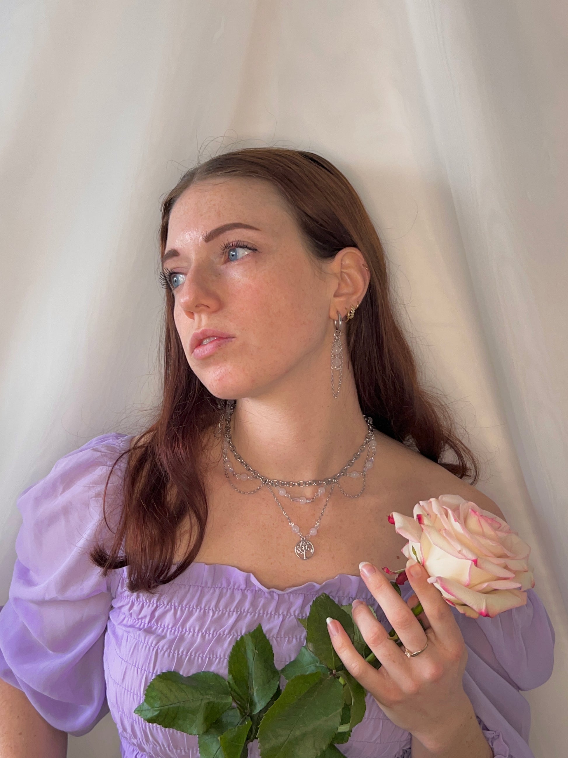 Acier inoxydable,Arbre de vie,Argenté,Bijoux,Collier,Fantasy,Quartz rose