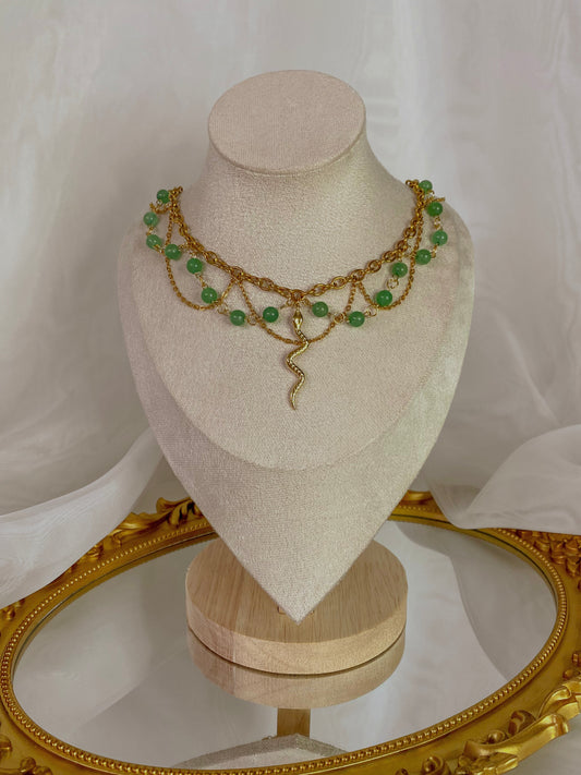 Acier inoxydable,Aventurine,Bijoux,Collier,Doré,Fantasy,Serpent,Vert