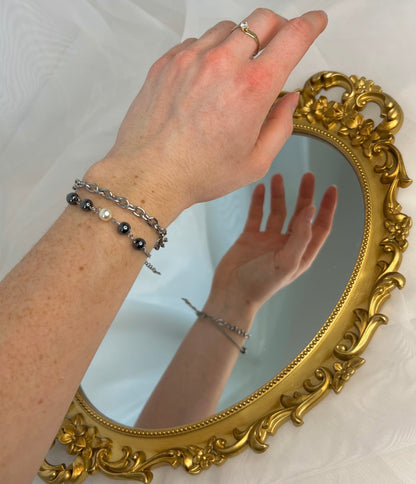 Acier inoxydable,Argenté,Bijoux,Bracelet,Chaine,Double,Hématite,Perle,Réglable