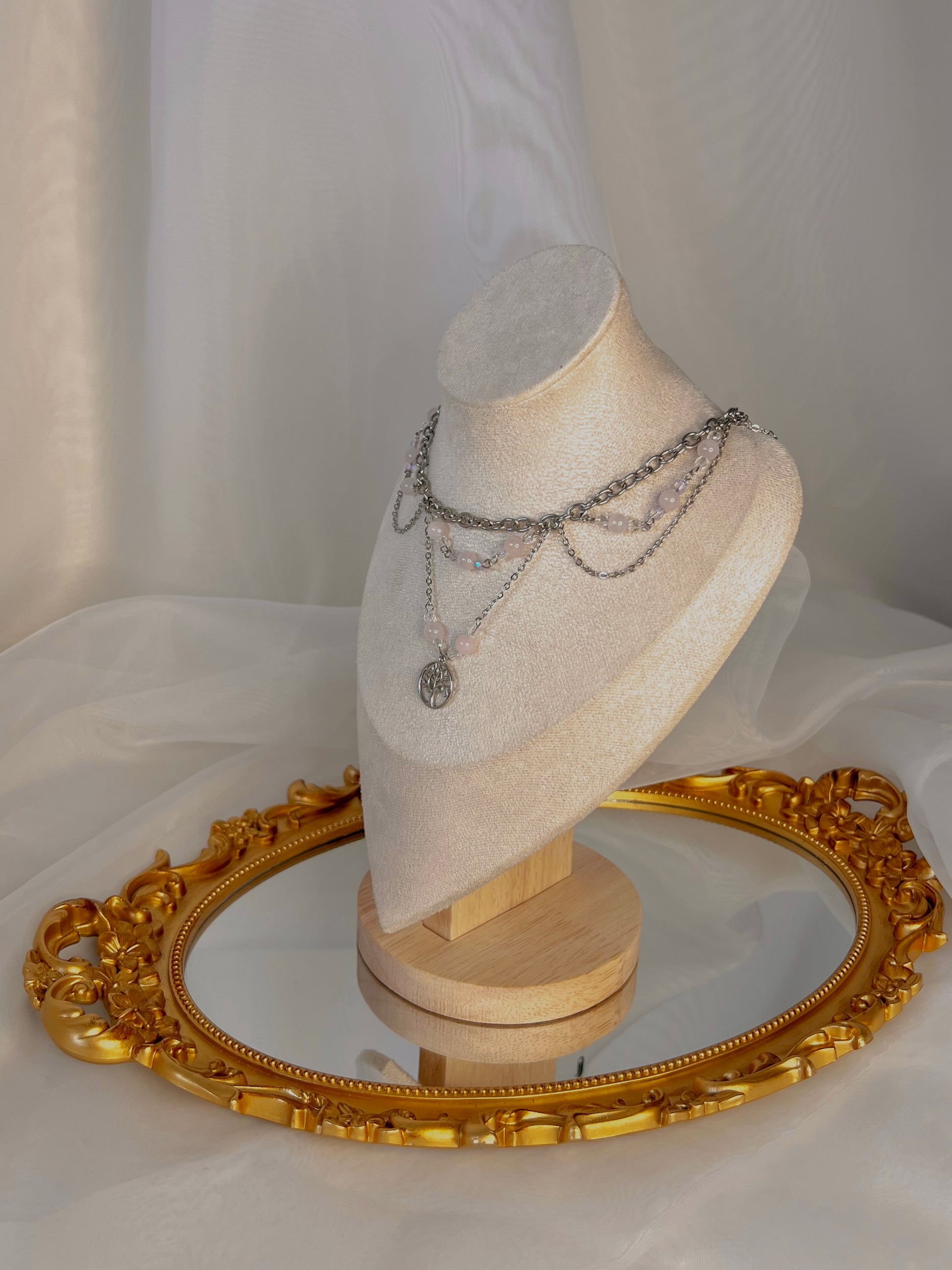 Acier inoxydable,Arbre de vie,Argenté,Bijoux,Collier,Fantasy,Quartz rose