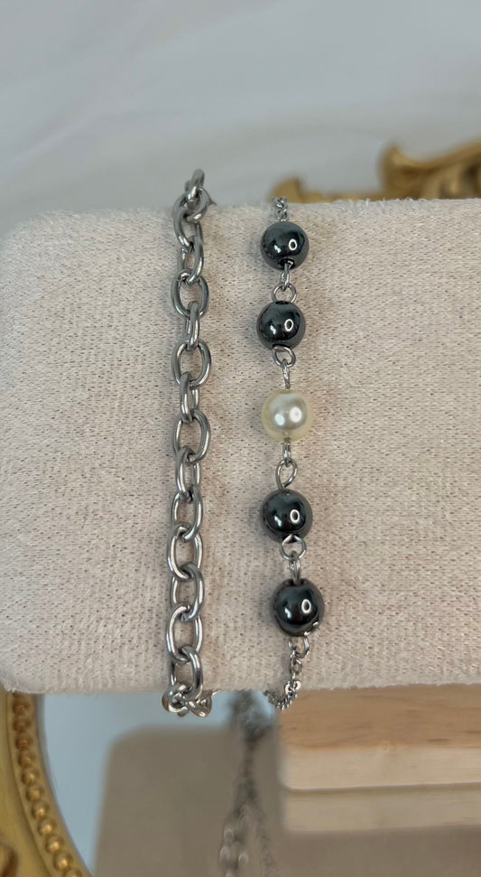 Acier inoxydable,Argenté,Bijoux,Bracelet,Chaine,Double,Hématite,Perle,Réglable