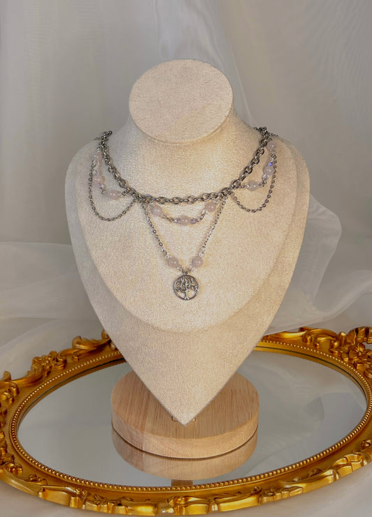 Acier inoxydable,Arbre de vie,Argenté,Bijoux,Collier,Fantasy,Quartz rose