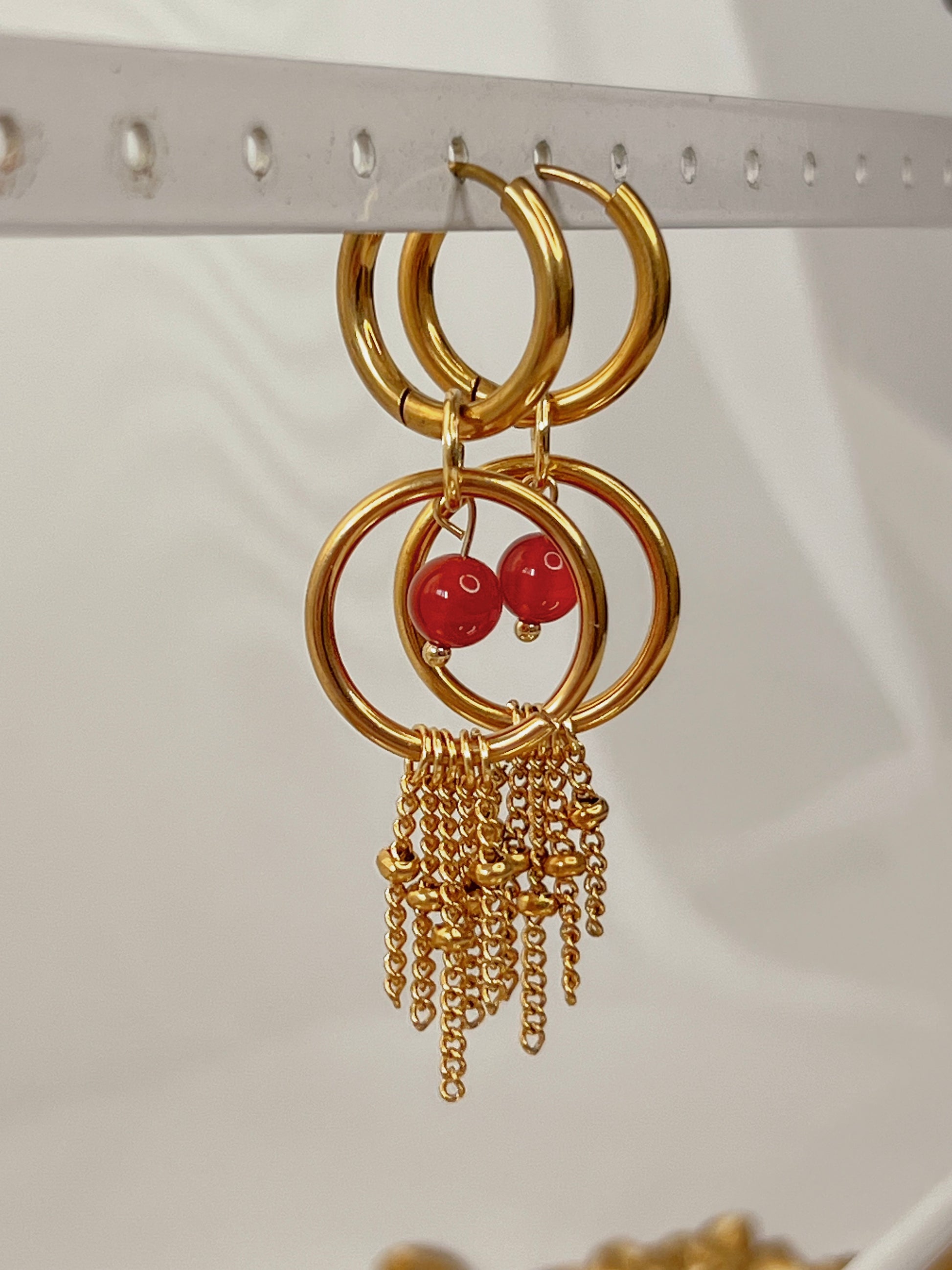 Acier inoxydable,Bijoux,Boucles d’oreilles,Chaine fine,Cornaline,Doré,Interchangeable,Pendants,Personnalisable,Rouge