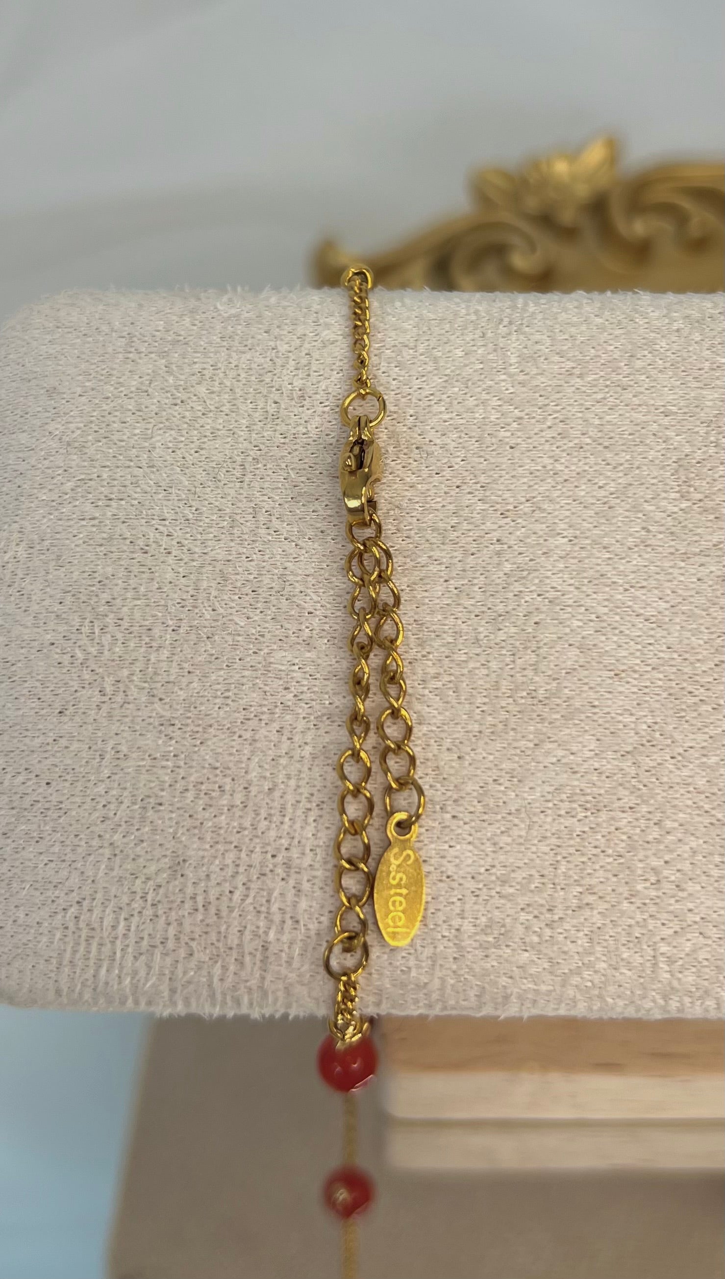 Acier inoxydable,Bijoux,Bracelet,Chaine fine,Cornaline,Doré,Rouge,Réglable