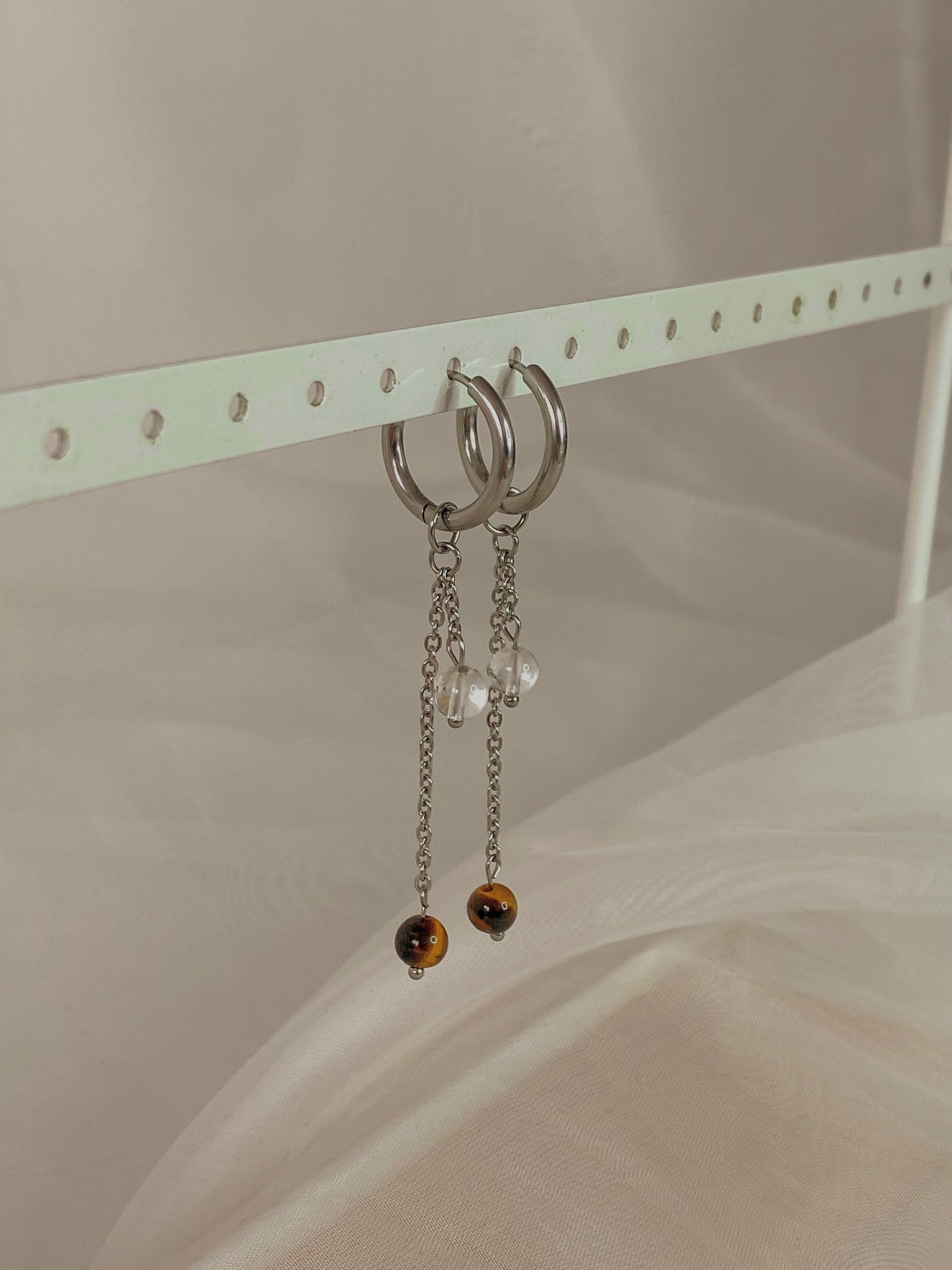 Acier inoxydable,Argenté,Bijoux,Boucles d’oreilles,Cristal de roche,Interchangeable,Oeil de tigre,Pendants,Personnalisable