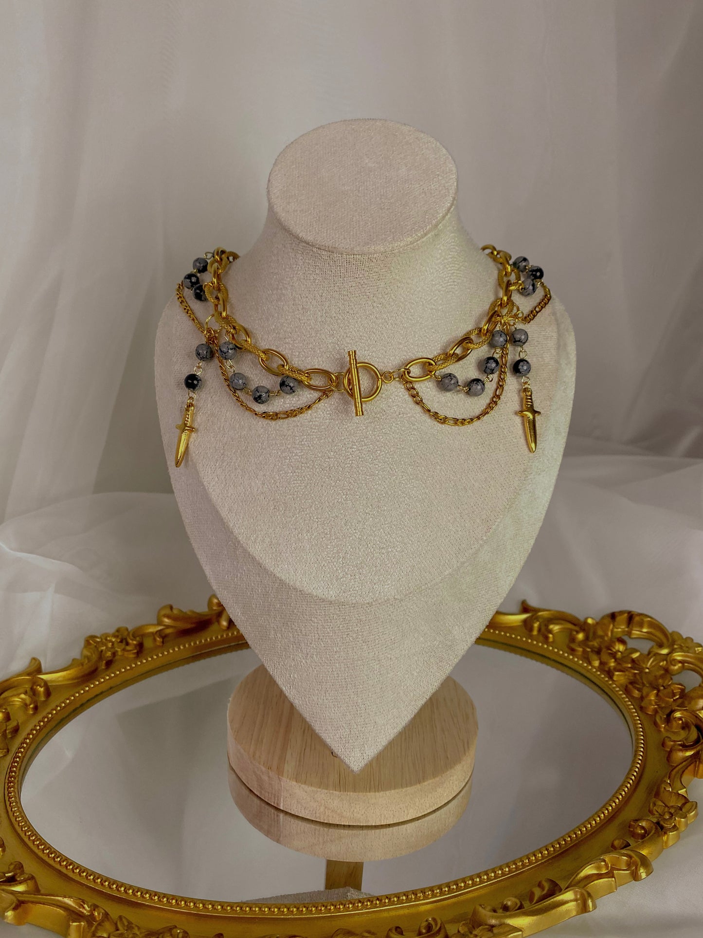 Acier inoxydable,Bijoux,Collier,Dague,Doré,Fantasy,Grosse chaine,Obsidienne neige