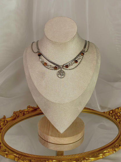 Acier inoxydable,Arbre de vie,Argenté,Bijoux,Collier,Cristal de roche,Fantasy,Oeil de tigre