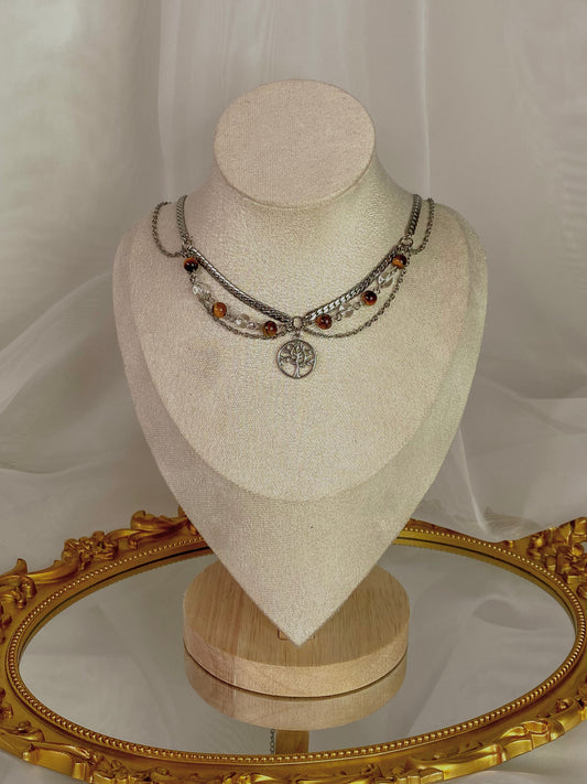 Acier inoxydable,Arbre de vie,Argenté,Bijoux,Collier,Cristal de roche,Fantasy,Oeil de tigre